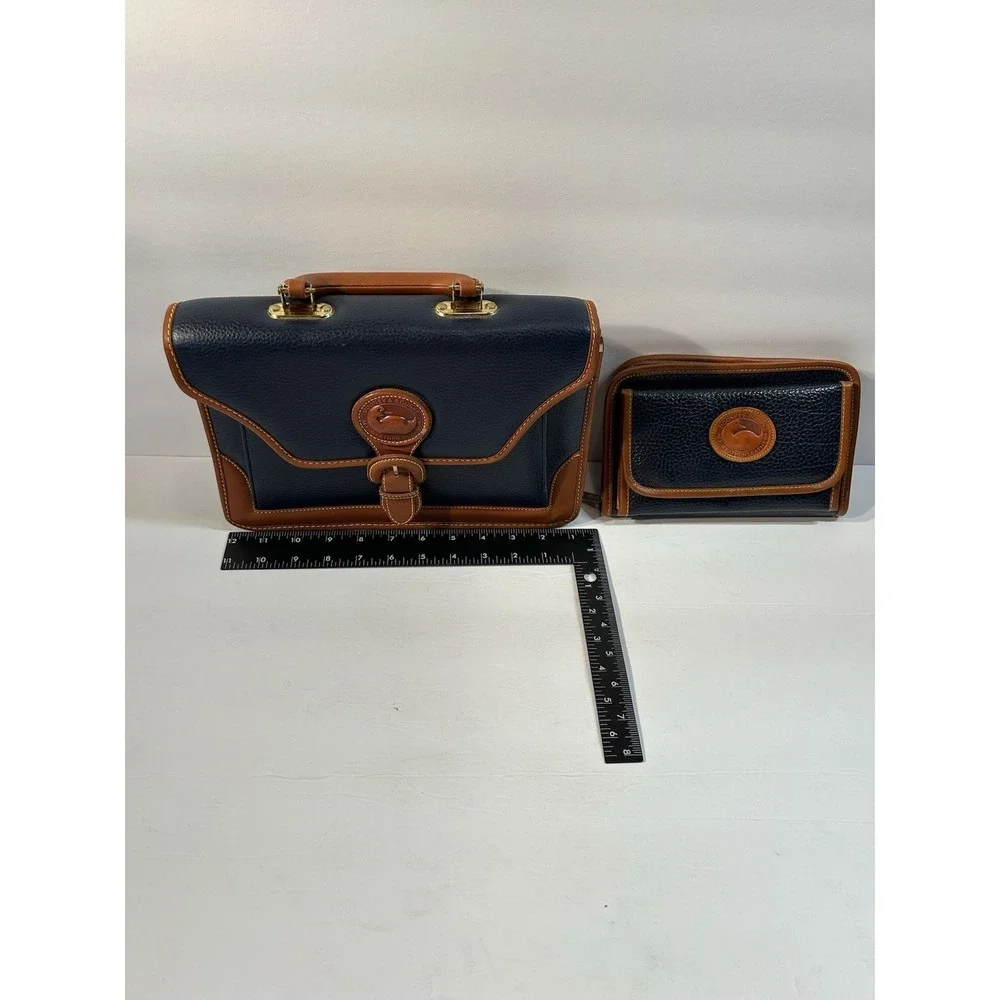 Dooney & Bourke AWL Navy Tan Leather Satchel Briefcase Crossbody + Wallet USA